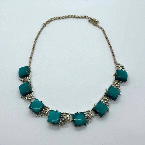 Coro Jewelry - Vintage Coro Necklace Teal Thermoset Leaf Choker Necklace Mid Century Modern